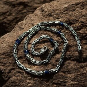 925 Sterling Silver Byzantine Chain Necklace Blue Zirconia 21” 47g Solid